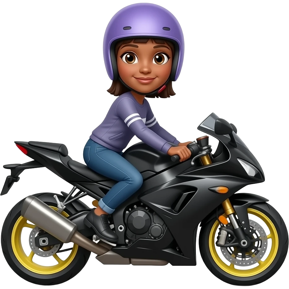 mujer morena de cabello lacio en moto negra con amarillo y con Casco de moto color lila azul emoji