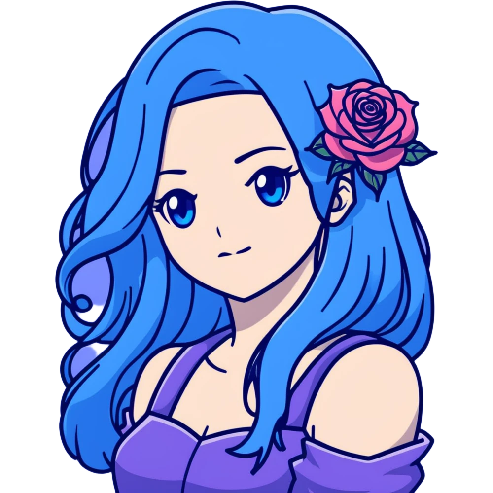 head portrait of anime girl with long dark blue hair, blue rose in hair, blue eyes, JoJo's Bizarre Adventure art style, dramatic look, head only emoji