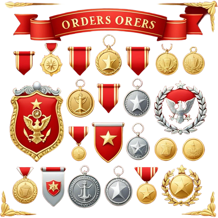 Icon for Collecting Orders, Medals & Badges: a variety of vintage orders, medals and badges, displayed neatly on a big red pennant. The icon should reflect the honor and historical significance of these collectible items. Transparent background. emoji
