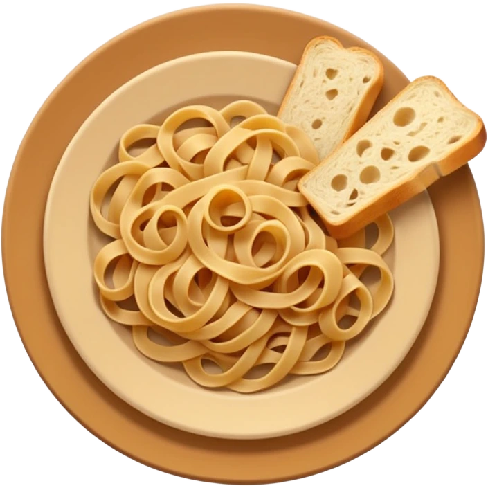 European cuisine humanless avatar in modern emoji-style illustration. Plate with pasta and bread, neutral warm colors, simple shapes, flat design, elegant and friendly. emoji