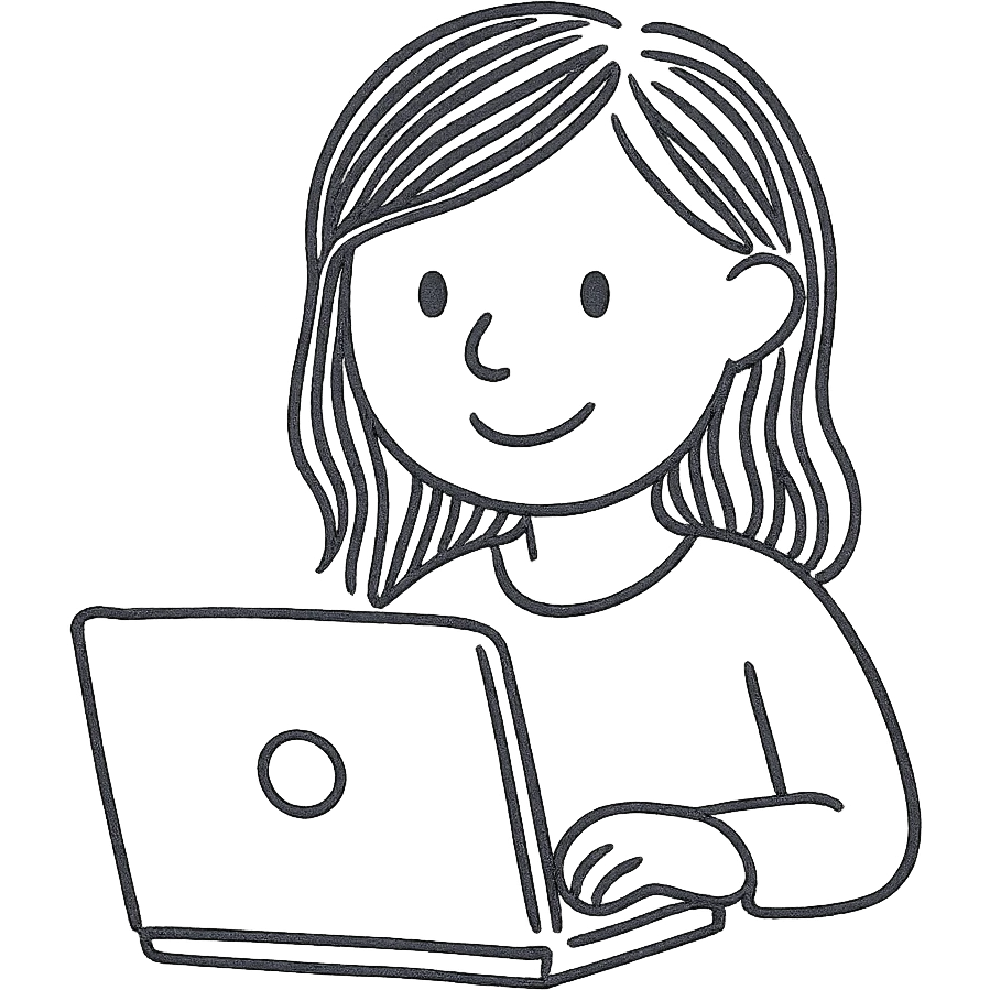 white girl with brown hair using a laptop, hand-drawn style, black outlined hand drawn icon emoji