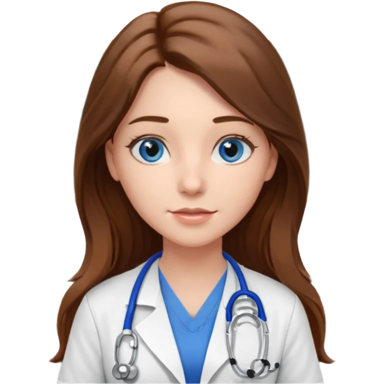 inside a classroom at university, a pretty female nursing student with long brown hair, blue eyes emoji