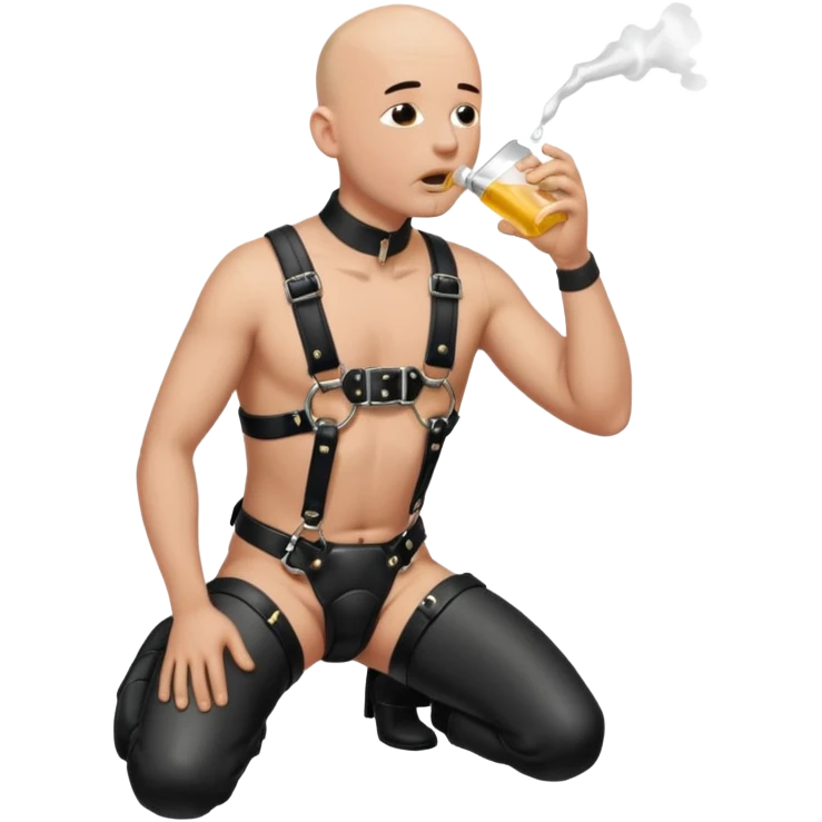 submissive bald man on his knees in a black leather harness standing man in leather, pouring piss down his throat emoji