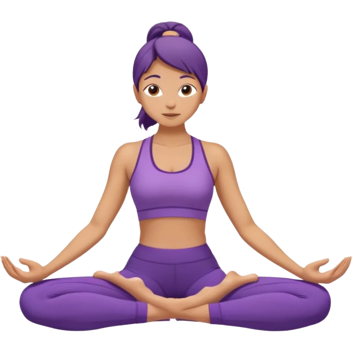	A woman in purple yoga clothes sitting and bending forward to reach her toes, calm meditation vibe, simple white background. emoji