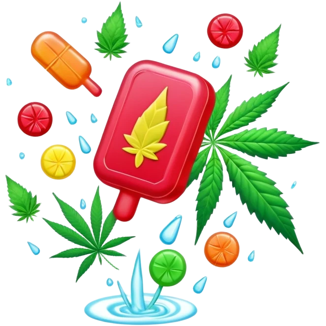 candy rain with cannabis leaf, colorful candies falling with marijuana leaf emoji
