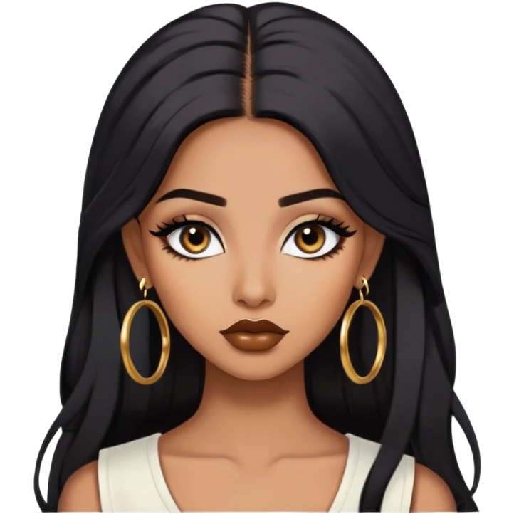 indian girl, brown skin, long black voluminous hair, brown underneath colored hair, baddie,pretty, makeup, lipliner, black eyeliner, gold hoop earrings, white top emoji