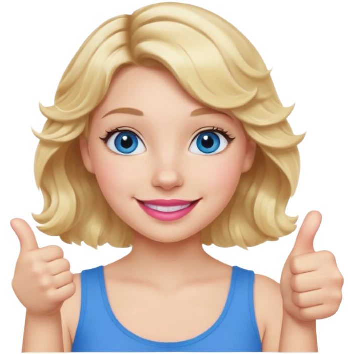 Girl Blonde short wavy hair,  blue eyes, cute blue top, long lashes, pink lips, smiling, 👍🏻 emoji