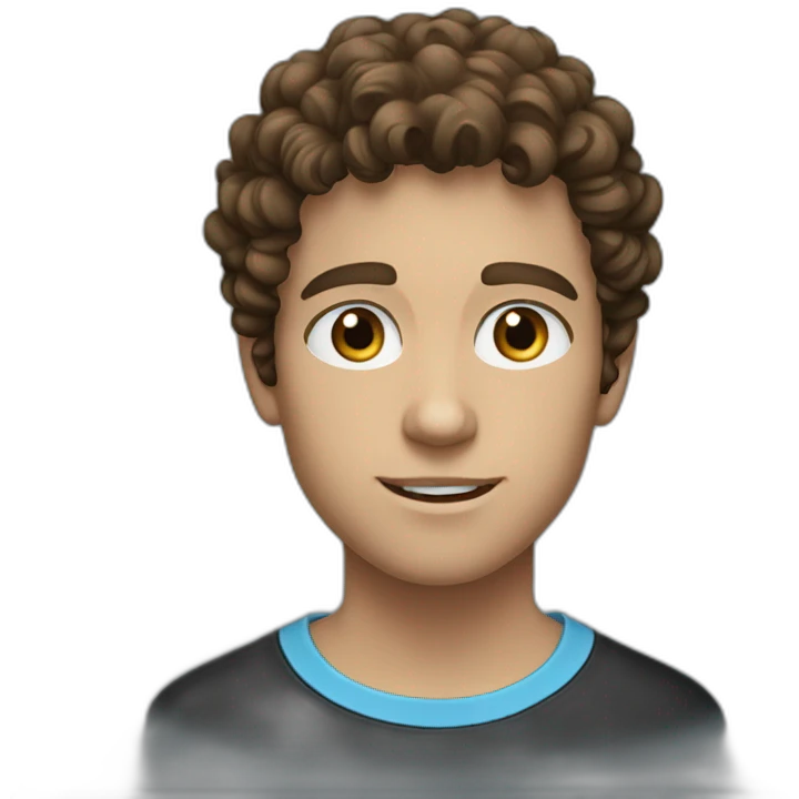 a young man with curly brown hair and light blue eyes wearing a black shirt emoji