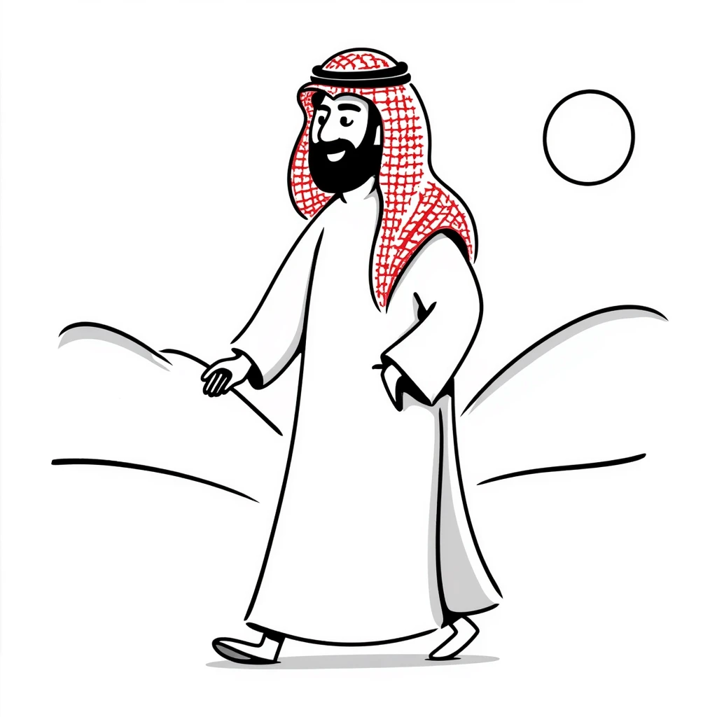 Arab man walking in desert, wearing white thobe and red checkered keffiyeh emoji