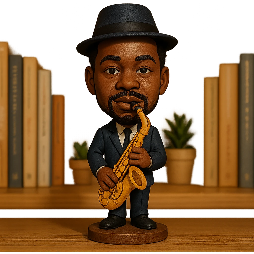 illustration of a jazz musician with a saxophone in bobblehead style emoji
