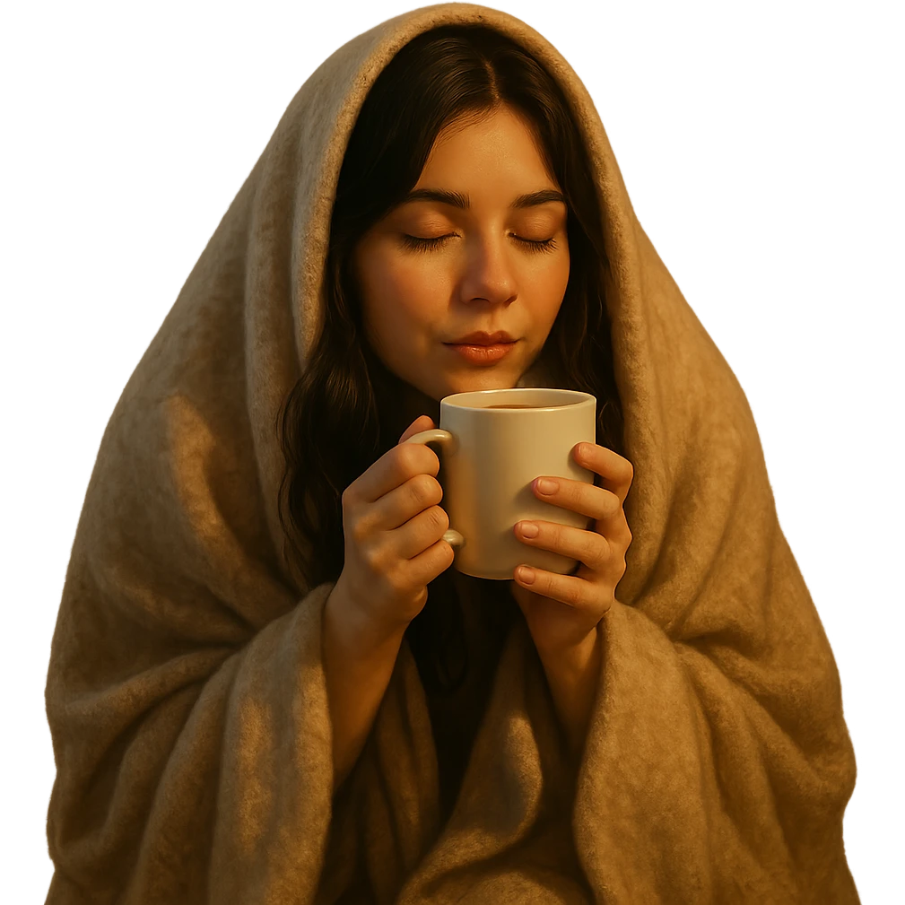 girl brunette inside a blanket sipping coffee, eyes closed, cozy and warm atmosphere, variation 4 emoji