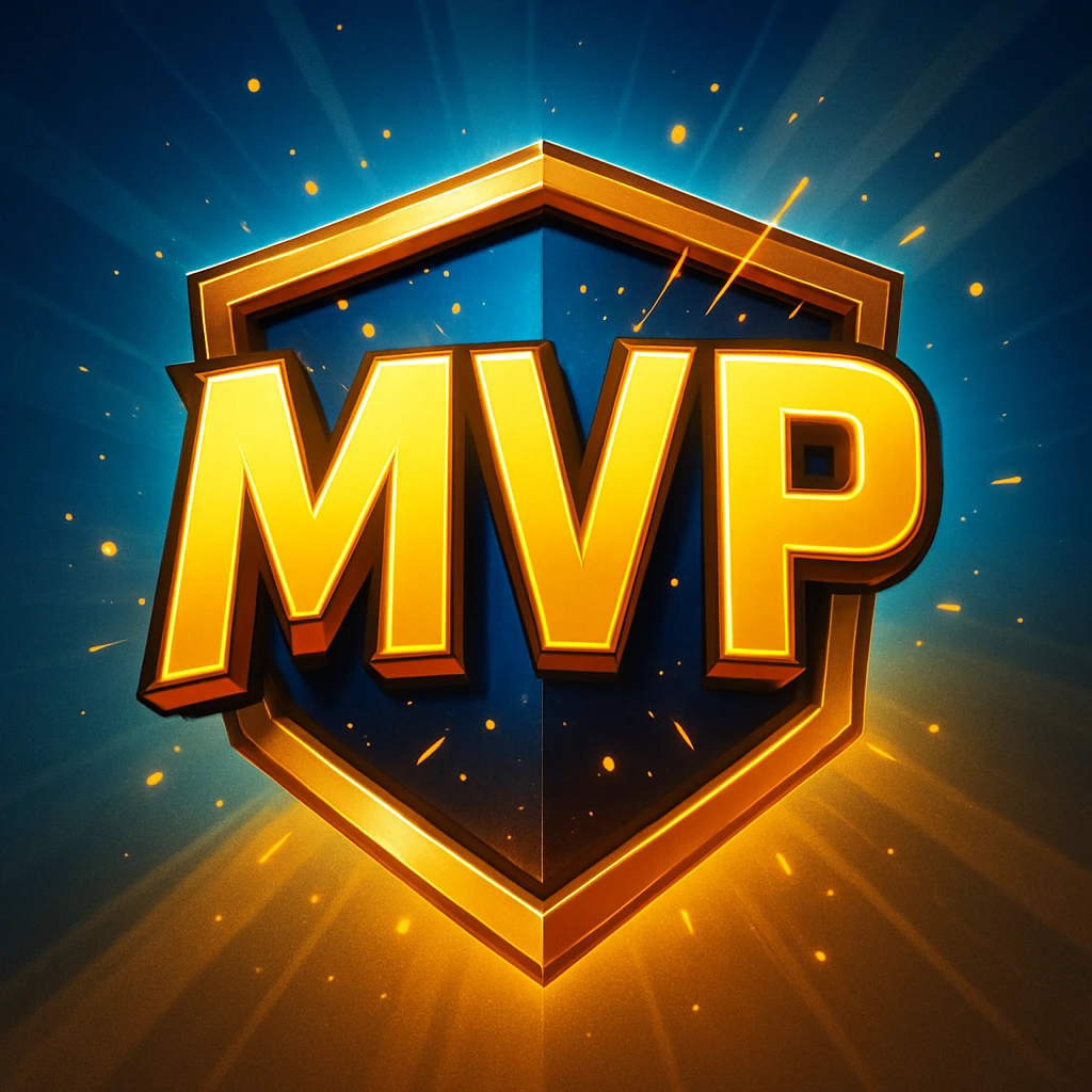 A gleaming, stylized badge with bold, slightly futuristic lettering 'MVP' set against a dynamic, gradient background of electric blue and gold. Small, energetic particle effects emanate from the text. emoji