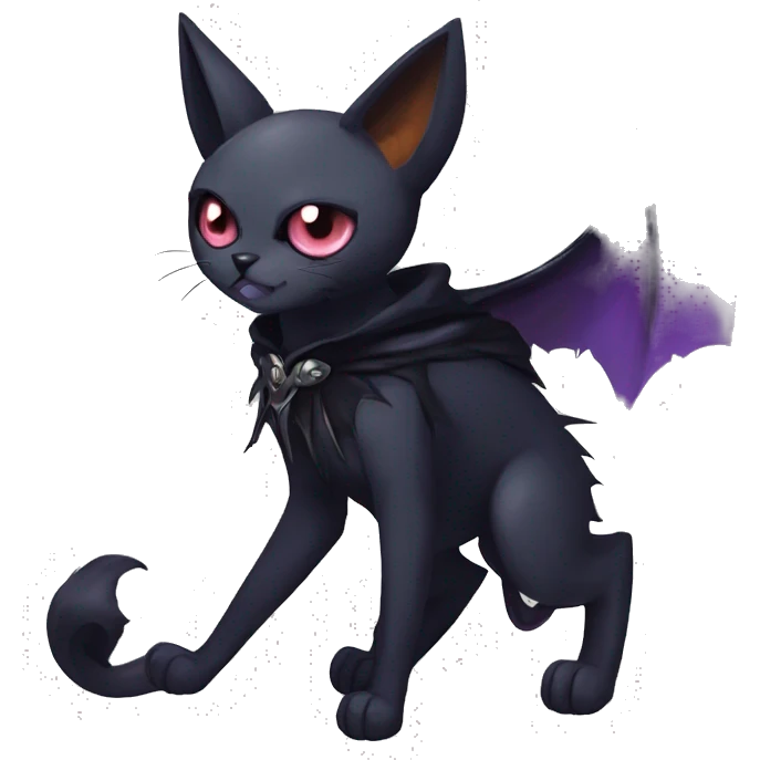   cool edgy beautiful anime-style ethereal dark-punk-themed animal vampiric cat-hybrid Fakemon with fangs and bat-wing-ears with a cape full body emoji