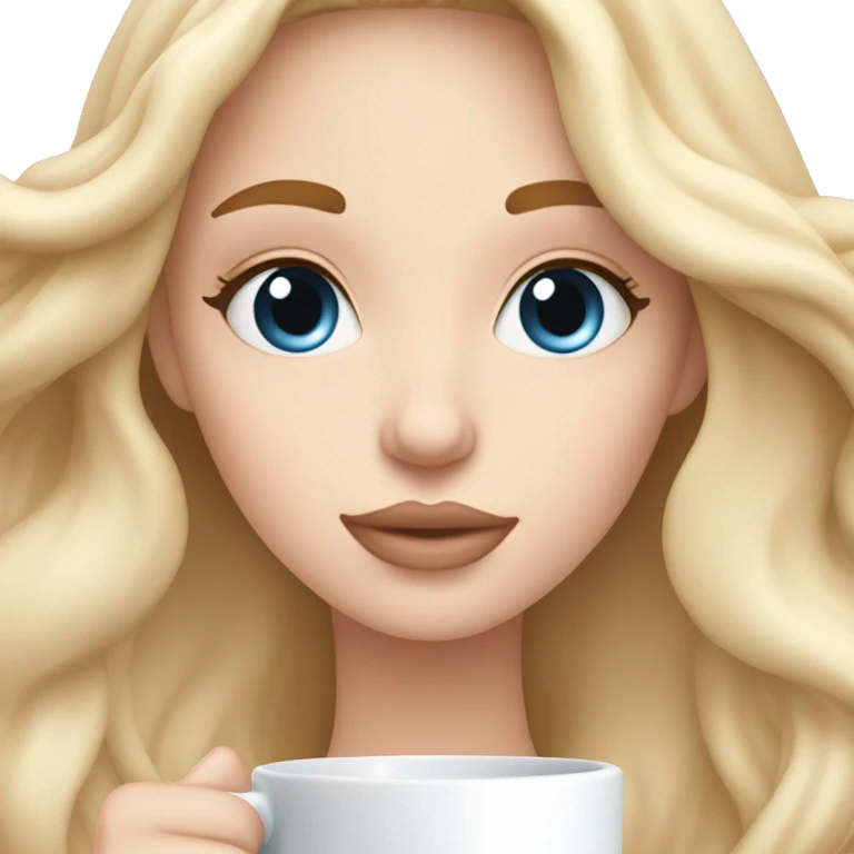 Blonde girl with long wavy hair in a light pink blanket sipping coffee eyes closed white skin blue eyes and soft natural makeup emoji