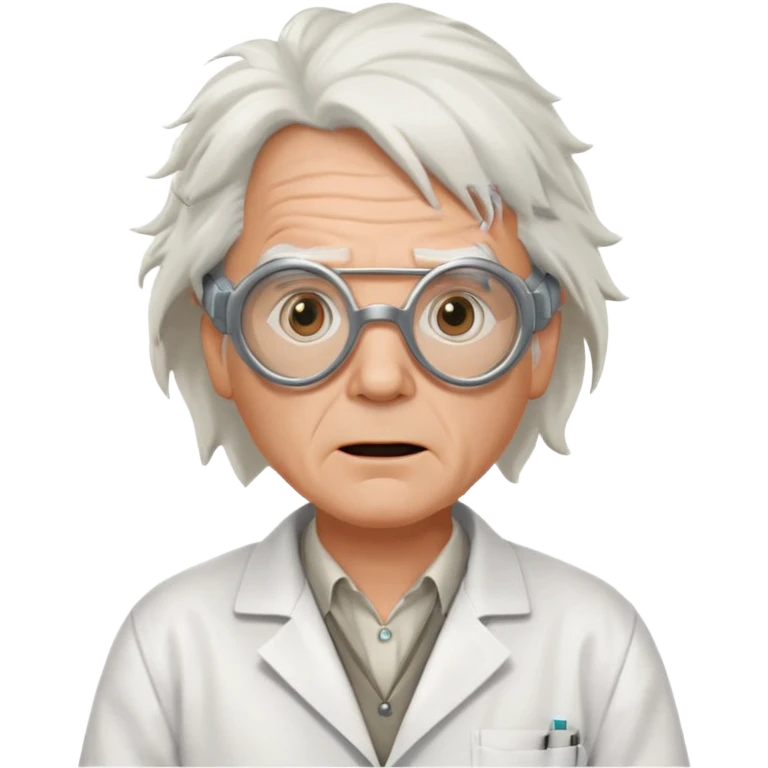 Doc Brown from Back to the Future, wild white hair, goggles on forehead, surprised expression, lab coat emoji