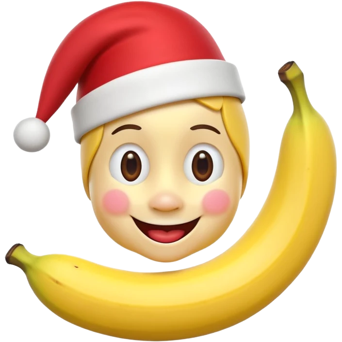 A 3D cartoon peeled banana with a red nose and tiny hat, smiling face, playful pose, Memoji-style. emoji