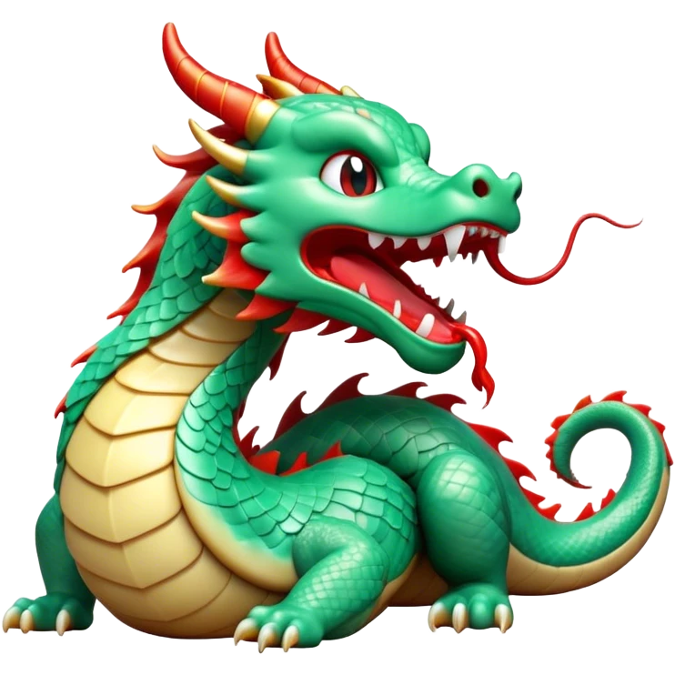 Cinematic Cute Yawning Chinese Serpent Dragon Portrait Emoji, Head gently inclined with a dramatic, wide-open yawn, revealing an elegantly elongated body with softly glowing jade and vermilion scales, enriched by subtle, ethereal cloud and ripple motifs; rendered with authentic detail and delicate natural light, high shine, relaxed yet wise, styled with a dash of ancient mystique, soft glowing outline, capturing the essence of a drowsy but venerable celestial dragon ready to drift into a serene, timeless slumber! emoji