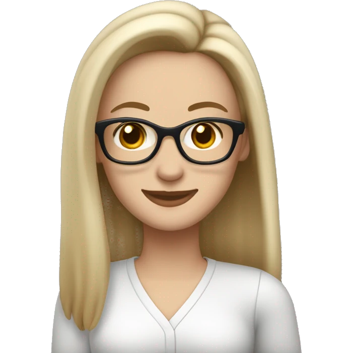 White woman, glasses, long straight hair pinned back at the sides, dark brown eyes smiling while waving t say hello emoji