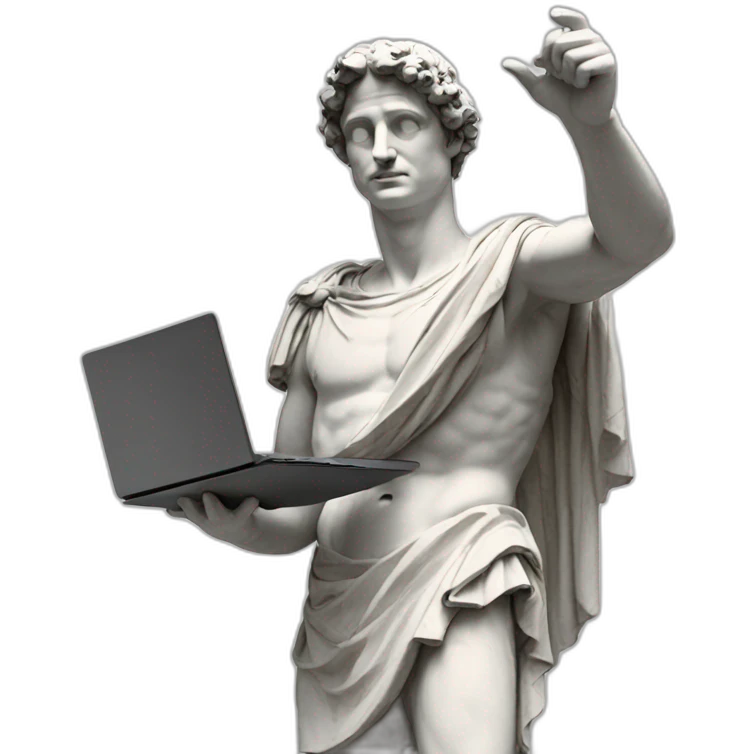 Roman sculpture with virtual reality goggles pointing its finger to the sky and holding a laptop with his other hand emoji
