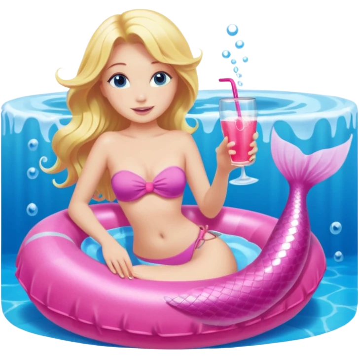 a mermaid with blonde hair and blue eyes sitting in a pink pool tube in a blue pool sipping a drink wearing a pink bikini top and a pink mermaid tail  emoji