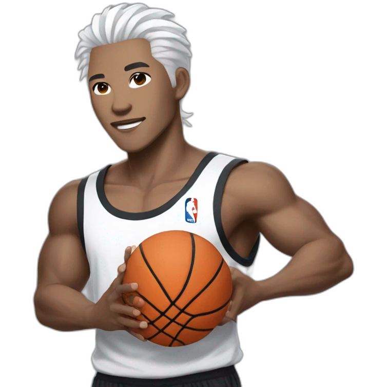 Chinese idol wearing white straps, gray pants and black shirt with white hair, holding a basketball in his right hand emoji
