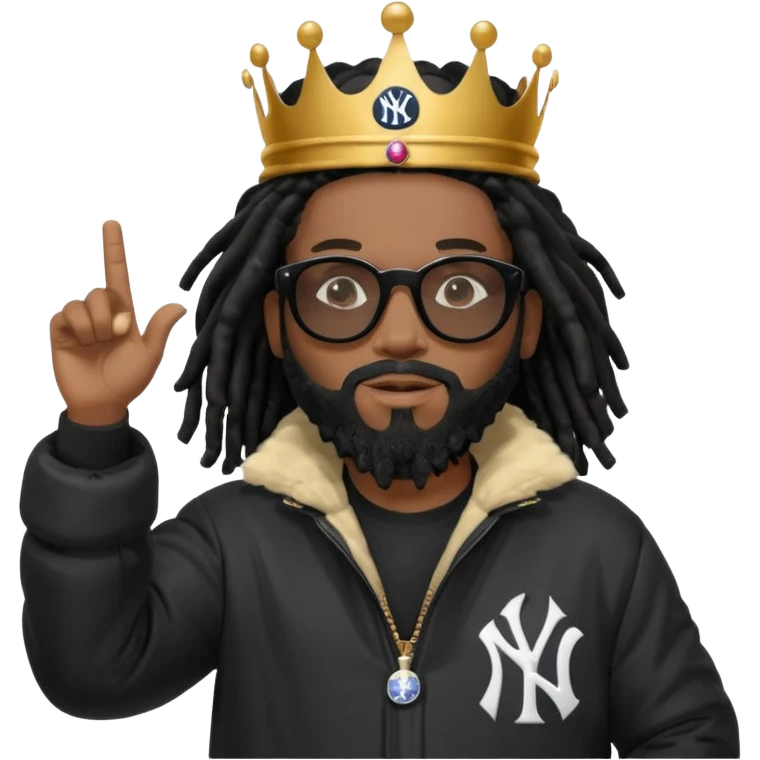 African American man with shoulder length black dreadlocks with black beard wearing black sunglasses wearing Crown on his head wearing a black bubble m New York Yankees logo winter coat pointing up and out emoji