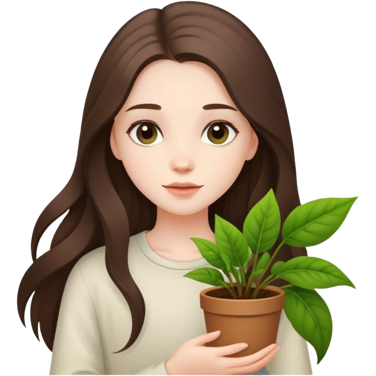 beautiful pale brunette girl with long hair holding plants  emoji