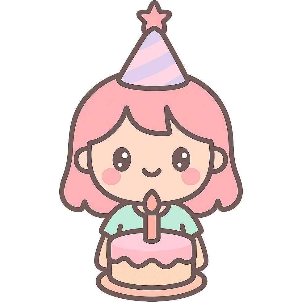a girl wearing a birthday cap with a cake in front emoji