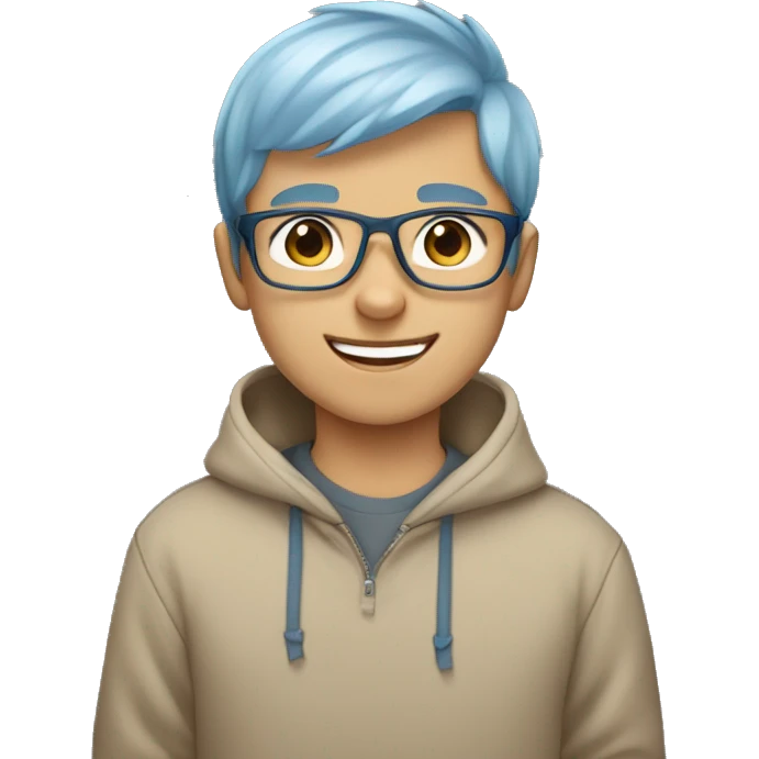 boy wearing a blue hoodie with light brown short hair wearing grey glasses and he has a cute smile, light blue eyes and he's surrounded by heart  emoji