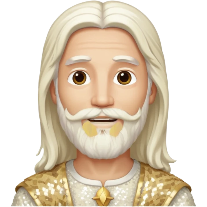 Jesus, Son of God from Gods and Goddesses with long white hair and beard, ivory sequin outfit emoji