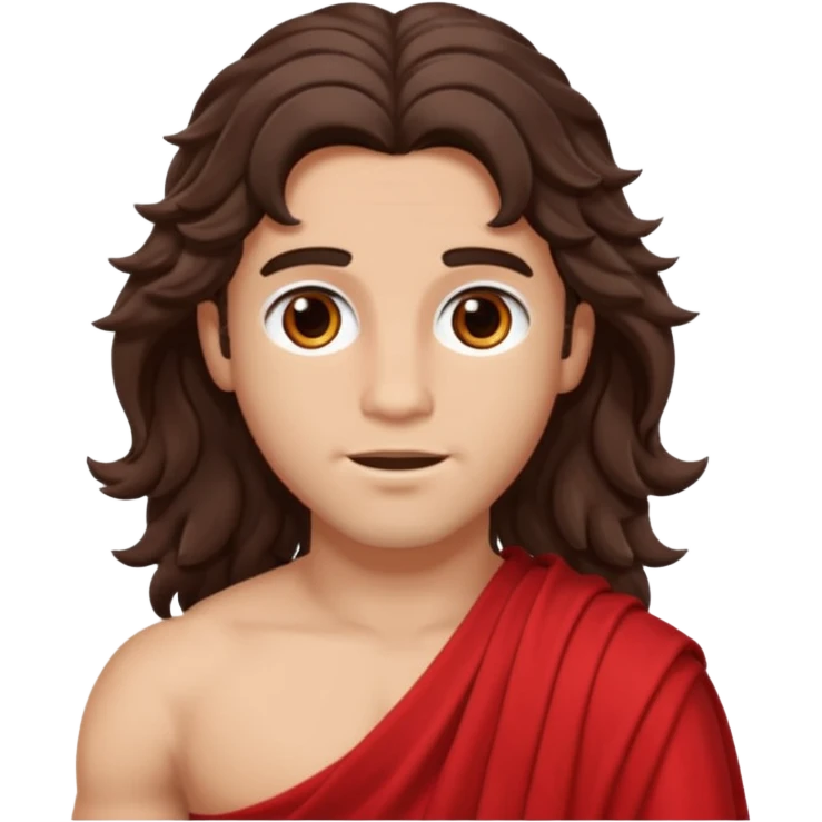 Adonis from The Olympians with long dark brown wavy hair, red toga emoji