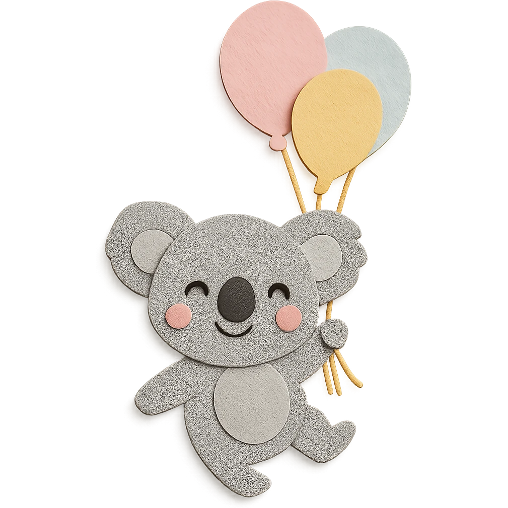 koala floating with pastel balloons, happy face, paper-craft style emoji