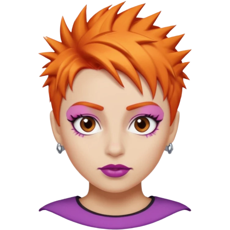 A person emoji with light skin, short spiky orange hair swept to one side, matching pink eyebrows, brown eyes, an oval-shaped face, a small nose, and dark lipstick. emoji