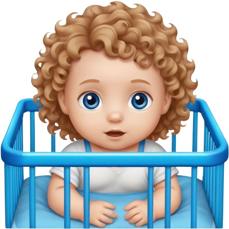 Blue eyes, light brown soft curls hair baby  in playpen  emoji