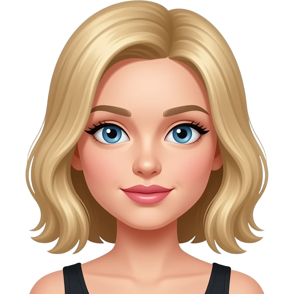 a girl with medium blonde hair and blue eyes, black eyelashes, pink lips emoji