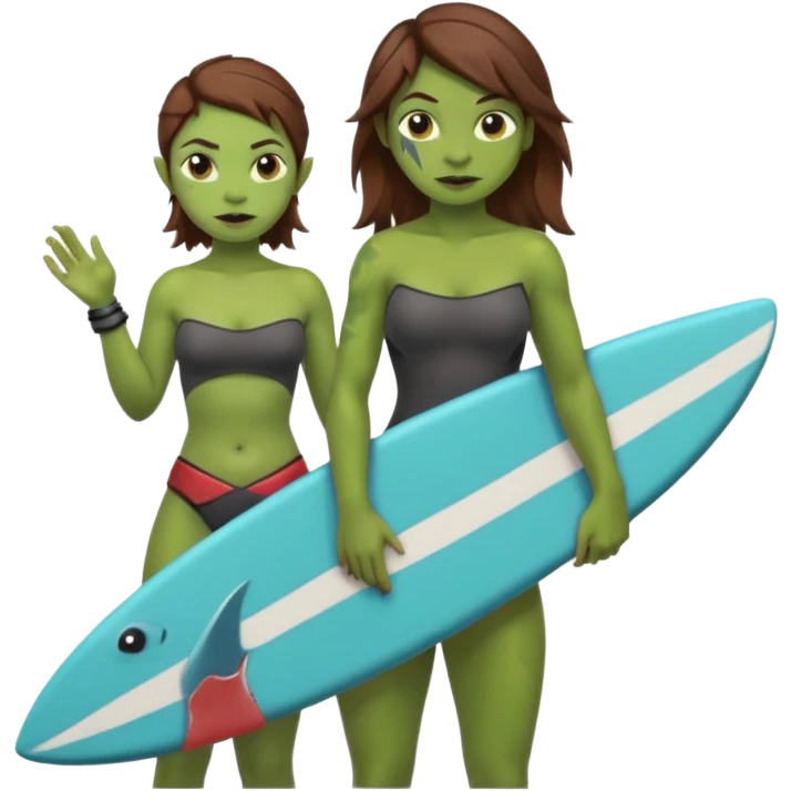 orc female holds a little surfboard with a shark painted vertically in his hands emoji