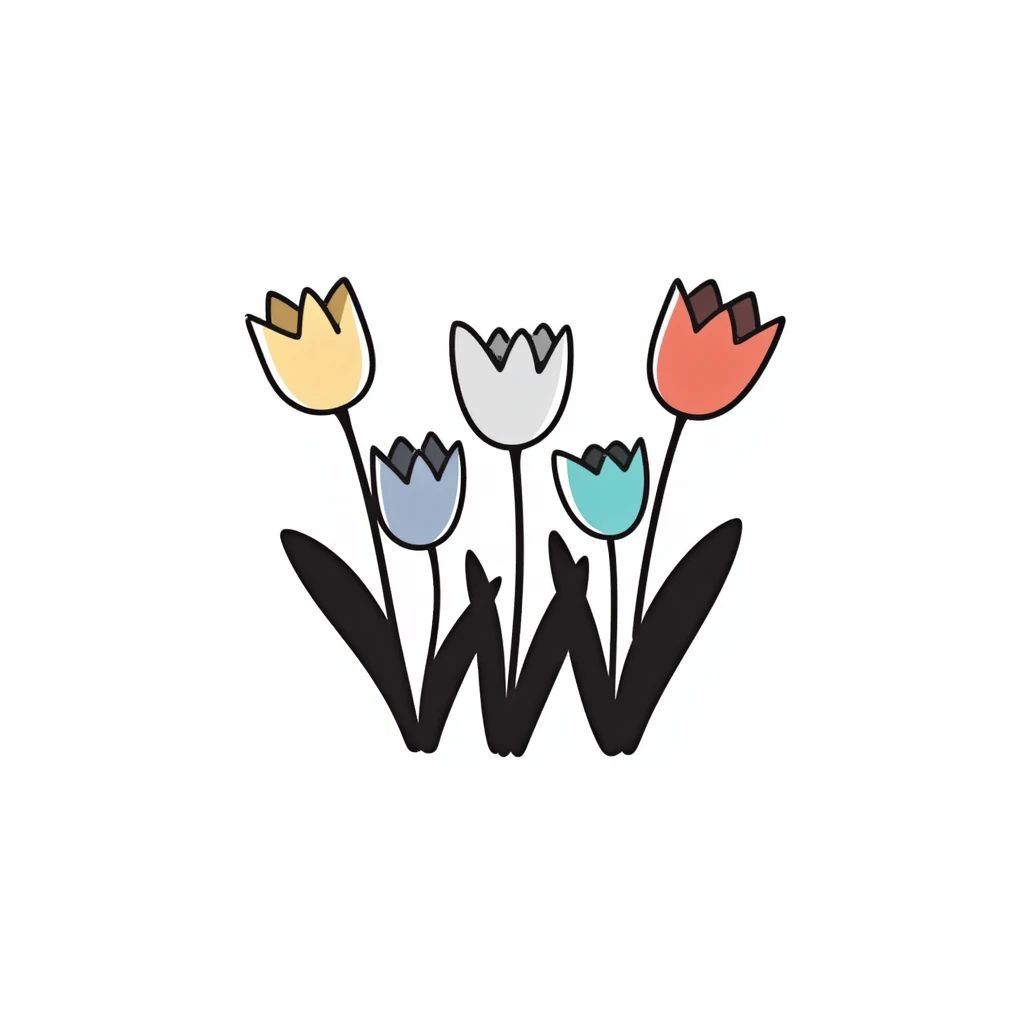 Tulip flowers with stems and leaves in pastel colors (dd9fb0, ffc6d3, a3bfc9, c4bee2, f1b091), hand-drawn doodle style emoji