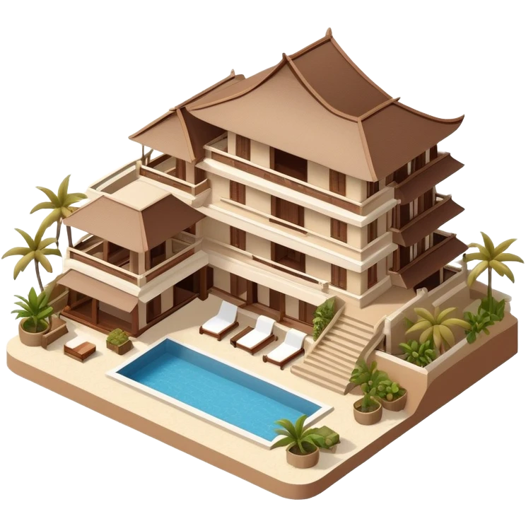 Isometric exterior brown and beige luxury Balinese beach resort hotel, dollhouse style 3D realistic  emoji