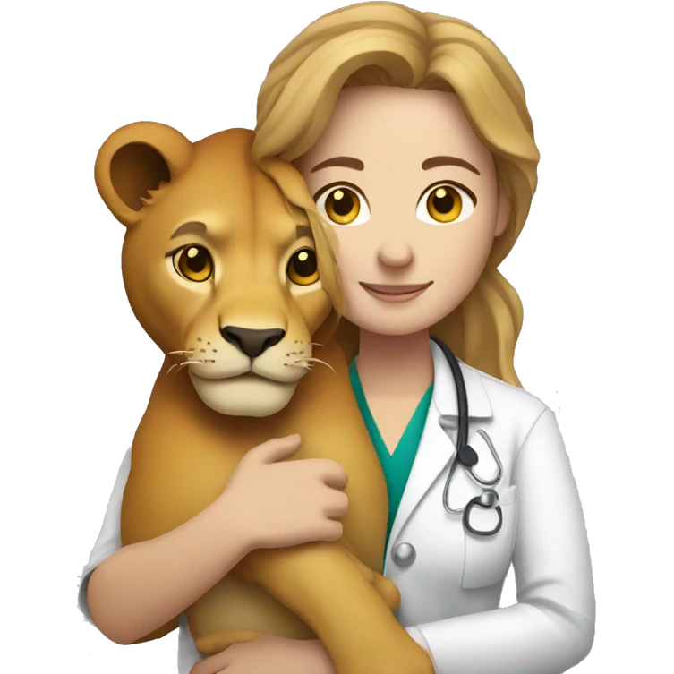 Woman veterinarian with light brown hair cuddling a lion emoji