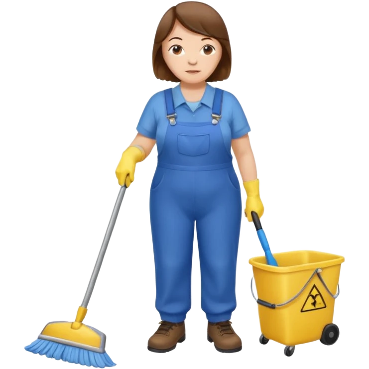 old and fat women, brown hair, Custodian with yellow rubber gloves, white T-shirt, blue overalls, mopping floor emoji