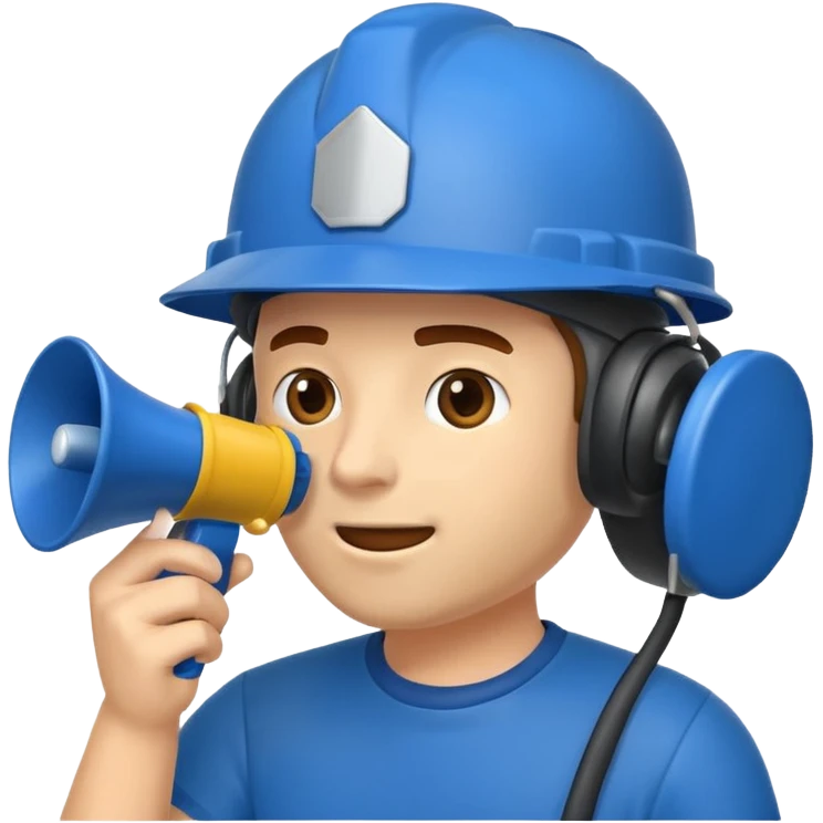 Um homem com capacete azul segurando um megafone emoji