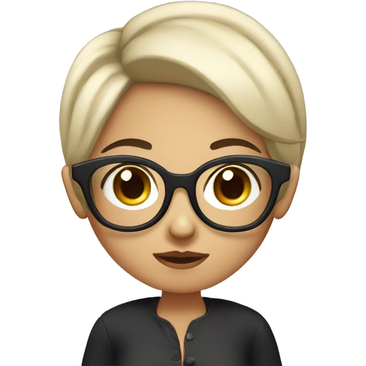 a girl with short black hair, Wearing large square-framed glasses, Round face, calm expression emoji