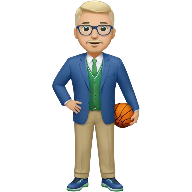 Full Body white male plus size wearing glasses with a goatee with light blonde and gray very short hair happy basketball head Coach in blue and green suit emoji