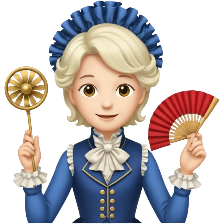 An emoji portrait of a French aristocrat. He wears a powdered wig and a silk waistcoat with a ruffled jabot. His expression is poised and refined, and he holds a fan. emoji