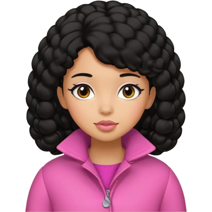 A caramel skinned girl that’s has puffy black hair in a puff skinny and wears a pink coat  emoji