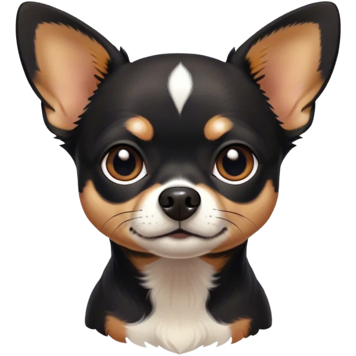 Cinematic Noble Black Tri Short Haired Chihuahua Portrait Emoji, Poised and regal, with a compact, muscular build and a striking black tri-color coat with hints of white and tan, deep-set soulful dark eyes, Simplified yet sharp and sophisticated features, highly detailed, glowing with a soft, dignified glow, high shine, intelligent and loyal, stylized with an air of strength, focused and attentive, soft glowing outline, capturing the essence of a watchful and confident guardian, so majestic it feels as though it could step out of the screen with effortless authority! emoji