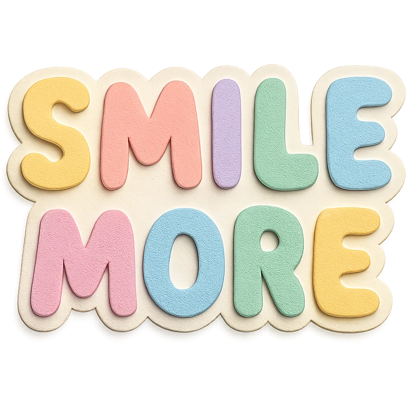 "Smile More" in soft pastel rainbow puffy lettering, cute bubble font, no frame, isolated for stickers, transparent background emoji