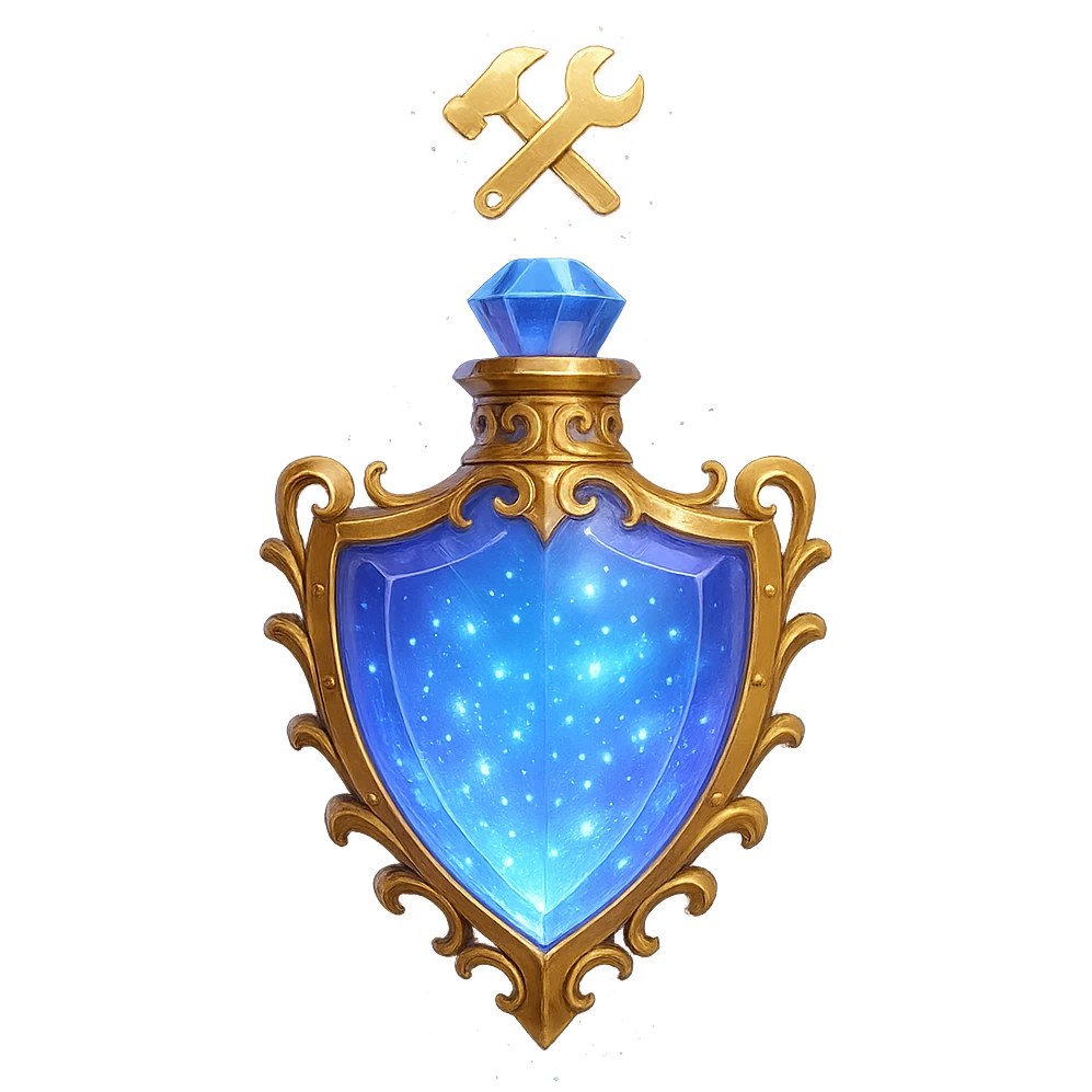 luxurious shield-shaped crystal elixir bottle, #7986cb, golden ornaments, magical glowing effects, 🛠 symbol, floating, seamless bottom, transparent background, modern, no base emoji