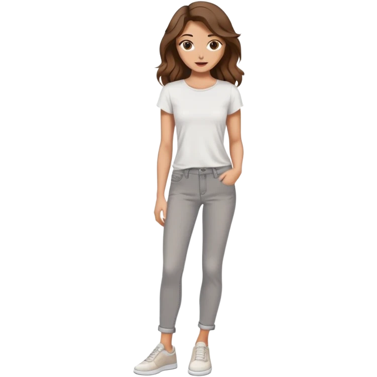 Women with wavy brown hair and hazel eyes with nude lips and white top grey jeans and white shoes emoji