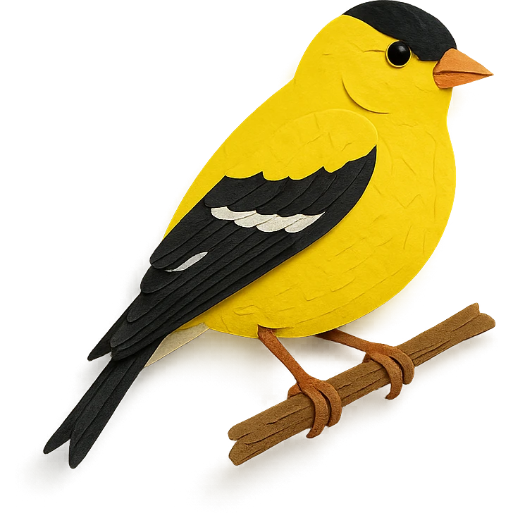 American Goldfinch on a branch, layered paper details, realistic feather patterns, vivid yellow and black markings emoji